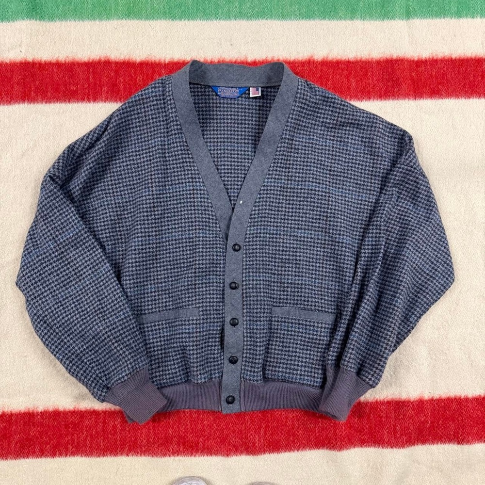 Vintage Pendleton Houndstooth Wool Cardigan Sweater Mens Large FLAWS USA